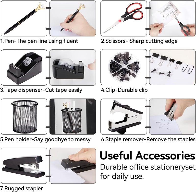 yuun Black Desk Accessories, Office Supplies Set with Stapler, Tape Dispenser, Staple Remover, Pen Holder, Scissor, Binder/Paper Clips, Ballpoint Pen, Clear Tape and 1000pcs Staples - Image 3